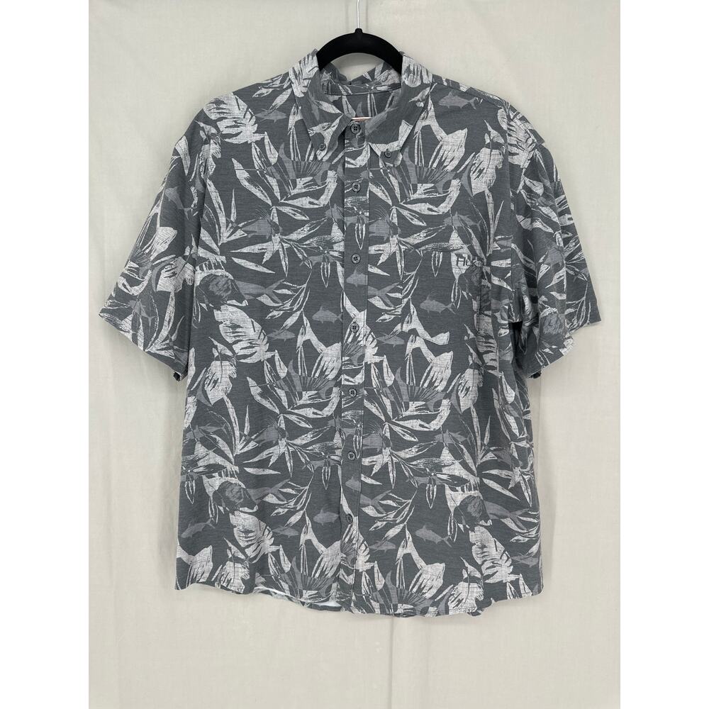 Huk Fishing Shirt Mens Large Gray Floral Performance Button Short Sleeve Stretch